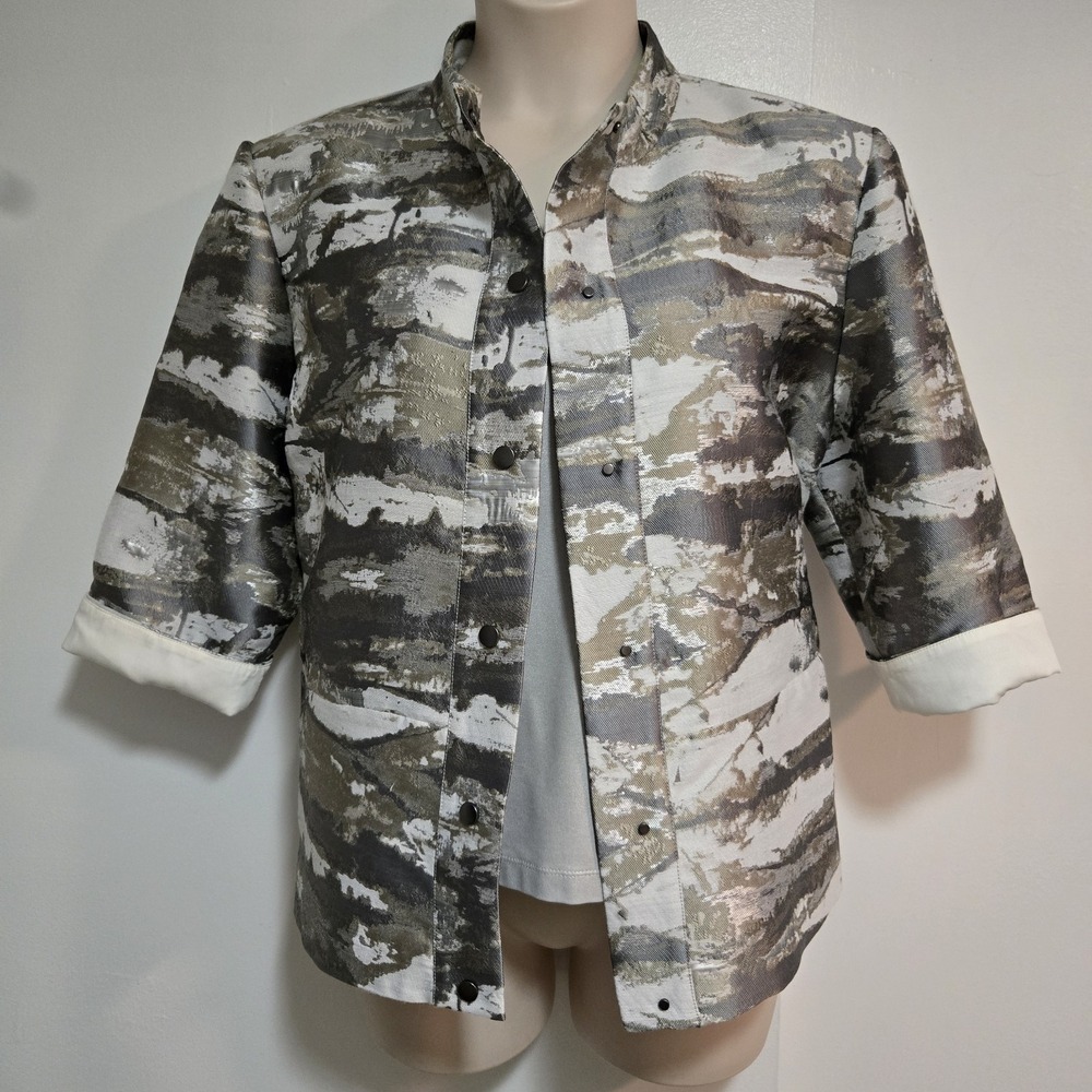 Misook Collection Sz XL Silver Gray Metallic Abstract Jacket Roll Cuffs Snaps